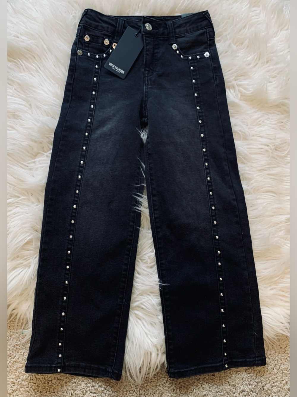 NWT True Religion Leila High Rise Wide Leg Studded Jeans Black Silver Size 7